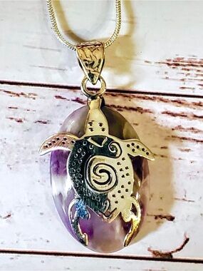Southwestern Amethyst Chevron Crystal Healing Sterling Silver Turtle Pendant
